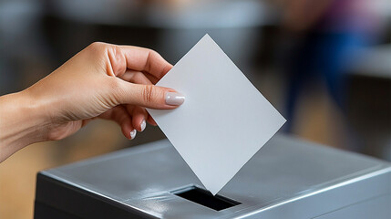 A focused hand places a voting ballot into a ballot box, symbolizing civic duty and participation in democracy, set against a blurred background that emphasizes the importance of the act