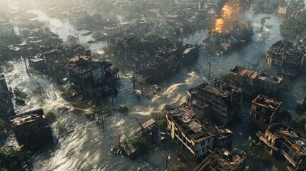 An aerial view of a city devastated by a hurricane, with flooded streets and widespread damage.