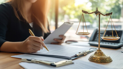 lawyer's hand is seen signing an important legal document, symbolizing authority, trust, and responsibility in the legal profession. The image conveys professionalism, commitment, and legal expertise
