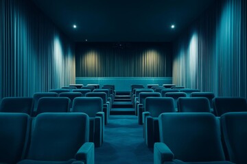 Fototapeta premium A serene and modern cinema room showcasing empty rows of seats with blue lighting, perfect for movie enthusiasts.