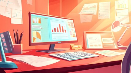Desk with Computer and Charts for Business Illustration