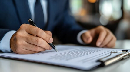 lawyer's hand is seen signing an important legal document, symbolizing authority, trust, and responsibility in the legal profession. The image conveys professionalism, commitment, and legal expertise