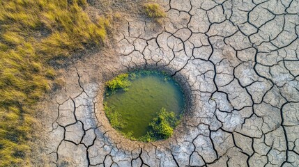 An aerial view of dried-up wetlands, with water sources disappearing due to climate change.