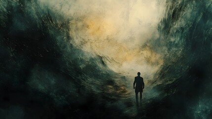 Fototapeta premium Solitary Silhouette Navigating the Surreal and Dreamlike Landscape of the Subconscious