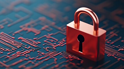 Closeup of an encrypted data stream wrapping around a 3D lock symbol, dark blue backdrop, data encryption, secure digital communication