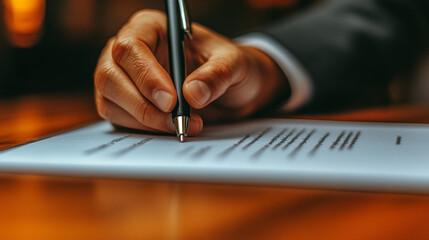 lawyer's hand is seen signing an important legal document, symbolizing authority, trust, and responsibility in the legal profession. The image conveys professionalism, commitment, and legal expertise