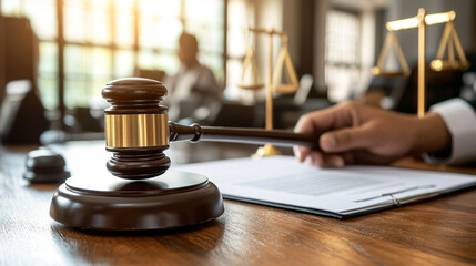 lawyer's hand is seen signing an important legal document, symbolizing authority, trust, and responsibility in the legal profession. The image conveys professionalism, commitment, and legal expertise