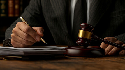 lawyer's hand is seen signing an important legal document, symbolizing authority, trust, and responsibility in the legal profession. The image conveys professionalism, commitment, and legal expertise