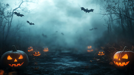 Spooky Halloween scene with glowing jack-o'-lanterns in a misty forest, bats flying overhead.