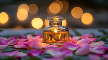 a relaxing spa scene with a small glass bottle oil