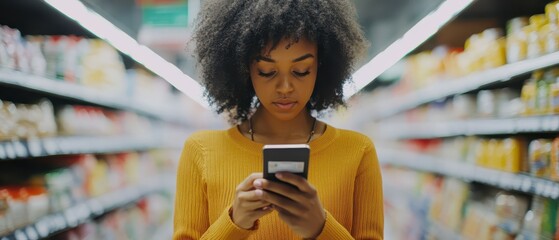 Woman calculating bills on her phone while standing in a grocery aisle, holding only a few essential items, grocery shopping deficit, financial anxiety