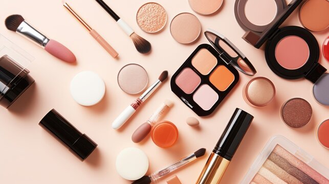 An assortment of neatly arranged makeup products set against a pastel background, illustrating elegance and beauty variety.