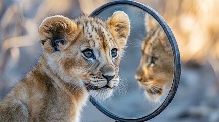 A Lion Cub Looking at its Reflection in a Mirror