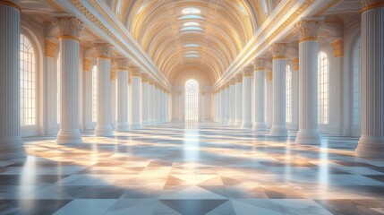 Obraz premium Grand, illuminated hall with columns and marble flooring.