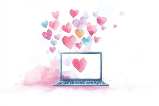 Digital Love: Laptop with Floating Hearts