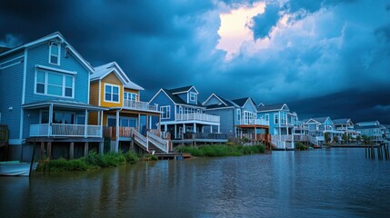 Fototapeta premium Coastal homes boarded up with plywood as residents prepare for an incoming hurricane, with dark skies overhead.