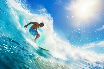 Surfer Riding a Massive Ocean Wave Under the Bright Sun