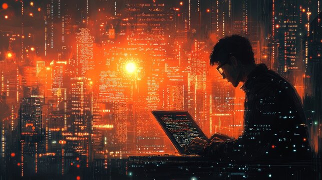 In a vivid urban setting, a programmer types code on a laptop, framed by neon-lit digital cityscapes, capturing the essence of late-night creativity.