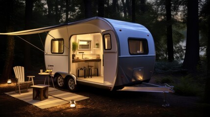 A cozy modern caravan nestled in a serene forest clearing at dusk, inviting relaxation and adventure.