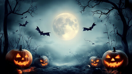 Fototapeta premium Spooky Halloween scene with glowing jack-o'-lanterns, bats, and a full moon in a foggy forest.