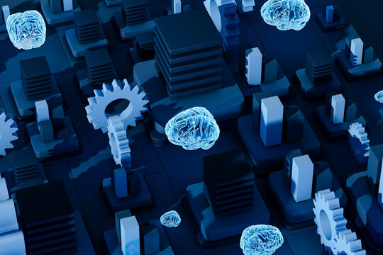 Abstract brain render surrounded by gears and cityscape elements