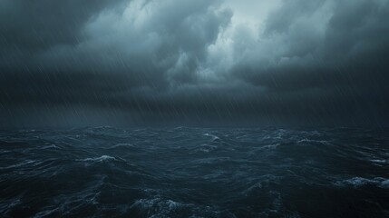 Dark thunderclouds forming over the ocean, with heavy rain and choppy waves visible in the foreground.