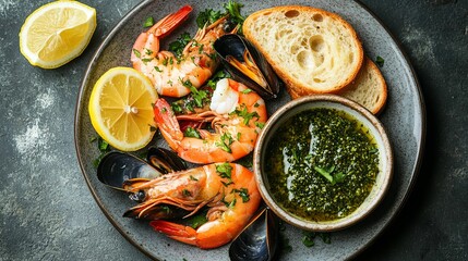 Grilled Shrimp and Mussels with Pesto Sauce and Lemon Wedges