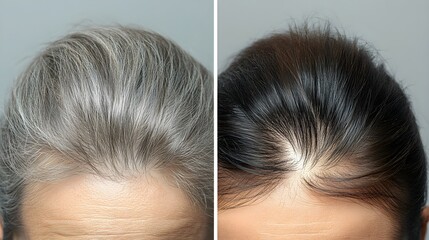 Fototapeta premium Top-down before-and-after comparison of the crown, highlighting the restoration of hair in balding spots, from noticeable thinning to full regrowth