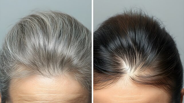 Top-down before-and-after comparison of the crown, highlighting the restoration of hair in balding spots, from noticeable thinning to full regrowth