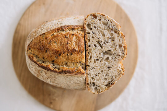 Top view of freshly baked artisanal seed bread