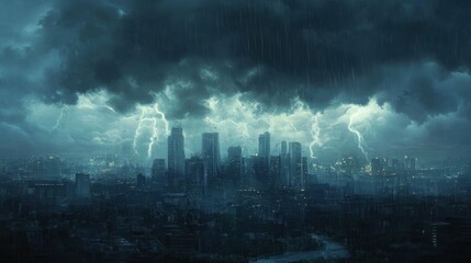 Fototapeta premium Dark thunderclouds rolling over a city skyline, with rain beginning to fall in the distance.