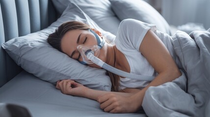 Woman sleeping peacefully with a breathing mask at home, comfortable setting.
