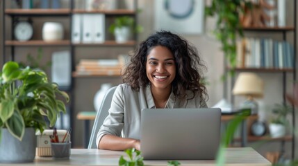 Smiling Woman Working on Laptop at Home Office Desk