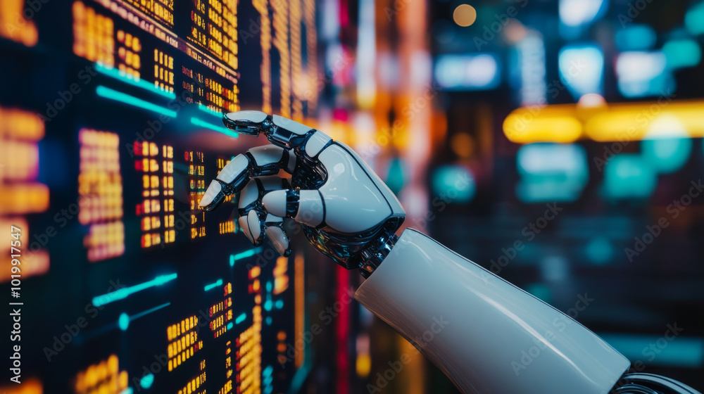 Poster a robotic hand points to financial data on a screen, showing how an ai-powered program analyzes the 