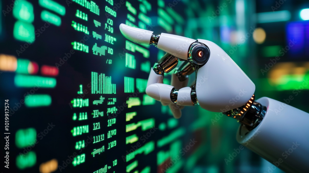 Poster a robotic hand points to financial data on a screen, showing how an ai-powered program analyzes the 