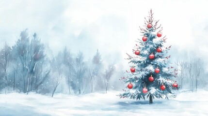 Christmas tree, snow, winter, decorations, holiday atmosphere, tranquil background, red ornaments, serene landscape, snowy forest, festive spirit, nature, seasonal celebration, peaceful scenery, whit