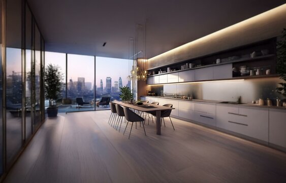 Fototapeta A modern kitchen with a large window overlooking a city skyline. The kitchen has white cabinets, a wood countertop, and a dining table with black chairs.