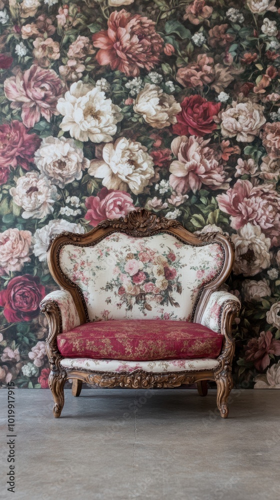 Poster A chair sitting in front of a floral wallpaper