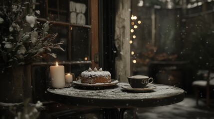 A table topped with a cake and a cup of coffee