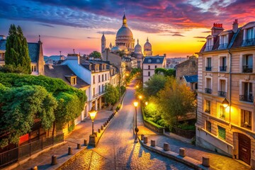 Fototapeta premium Scenic View of Montmartre in France Featuring Charming Streets and Iconic Architecture at Dusk