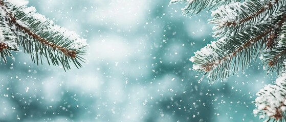Serene winter landscape with snow-covered pine tree branches and falling snowflakes, perfect for seasonal and holiday designs