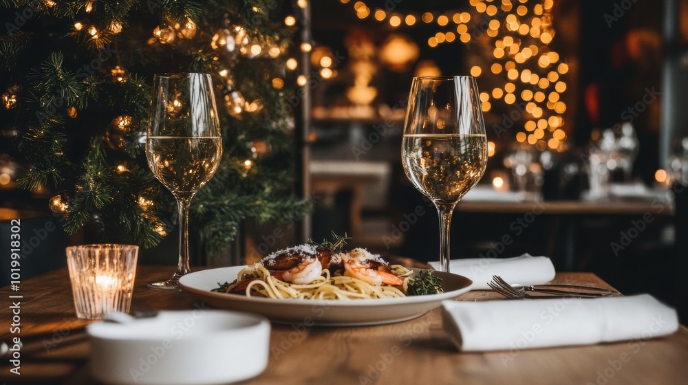 Poster A plate of food and two glasses of wine on a table