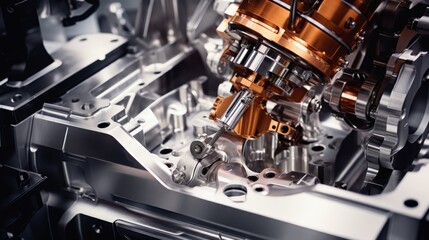 Intricate machinery with gleaming, reflective metal surfaces under precise lighting illustrates industrial precision and advanced engineering.