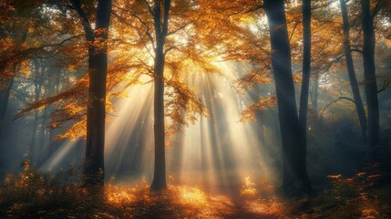 Obraz premium Golden sunbeams filtering through towering forest trees on a misty autumn morning.