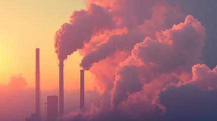 Obraz premium Industrial smokestacks releasing pollutants into the air, contributing to global warming.