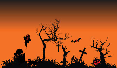 halloween background Spooky orange Silhouette hand zombiescorpse, graveyard, ghost, pumpkin