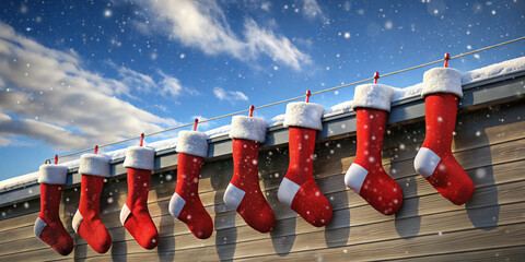 Festive red and black Christmas stockings hung from a snowy roof, 3D illustration