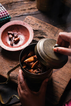 Curd rice with buttermilk soaked dry chilies