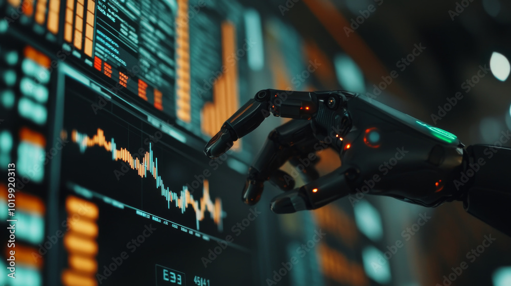 Poster a robotic hand points at a chart showing financial data. software powered by artificial intelligence