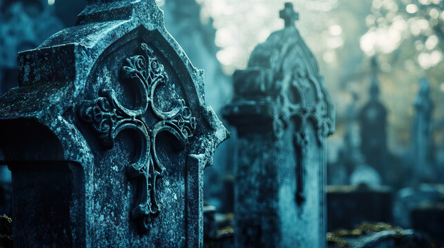 close up ornate tombstones representing the saints and martyrs with copy space for all saints' day background, selective focus
